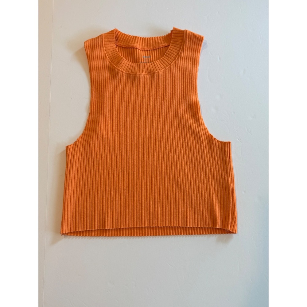 Aerie Women Orange Ribbed Knit‎ Sleeveless Crop Tank Top Size S Crew Neck